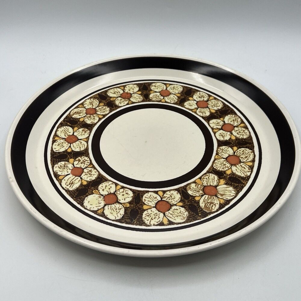 Mikasa Serving Platter Chop Plate 1970s Round 12.5" Brown Orange Flower Retro
